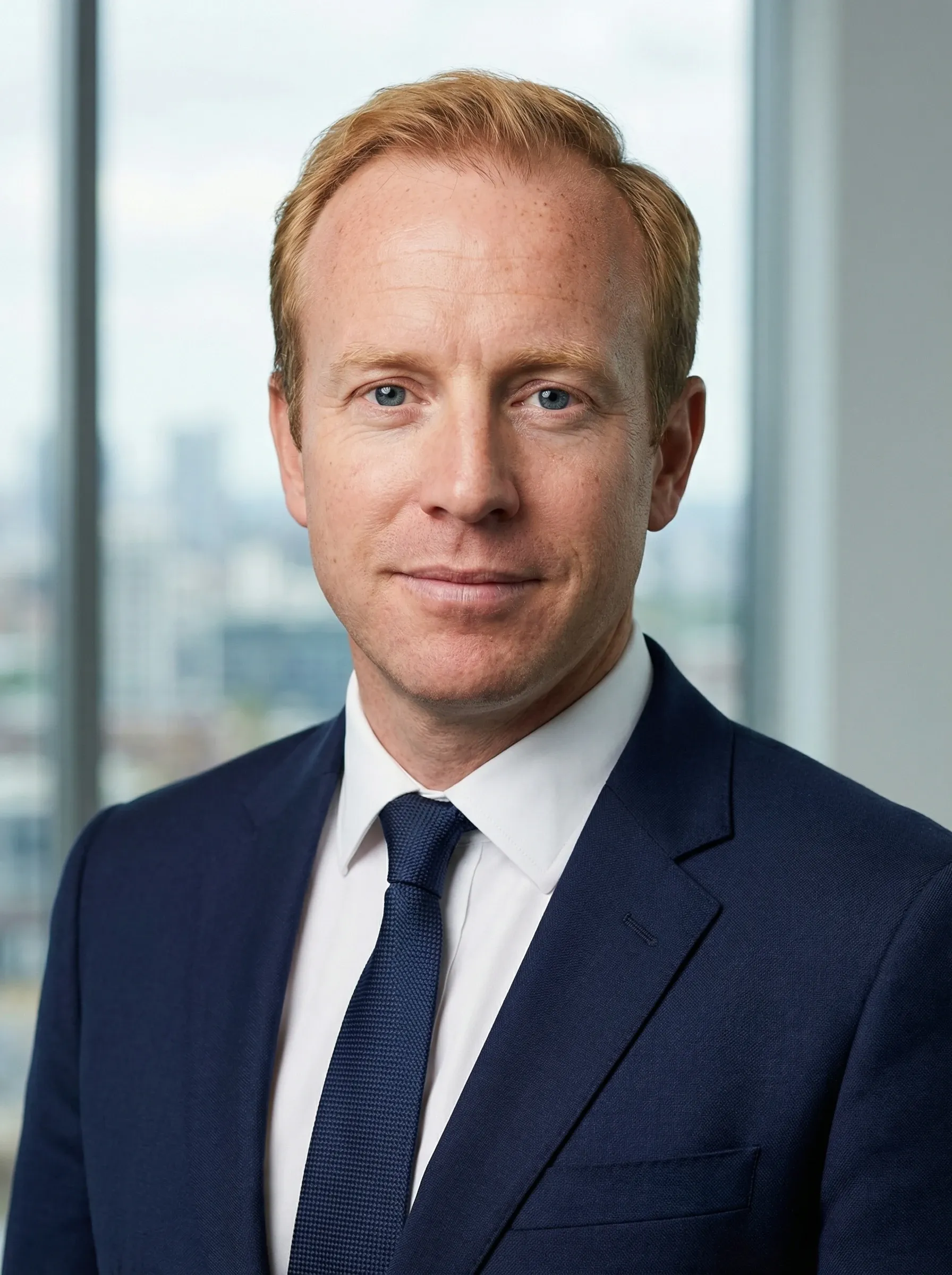 AI real estate agent headshot — man in a navy suit and blue tie with a city view behind him